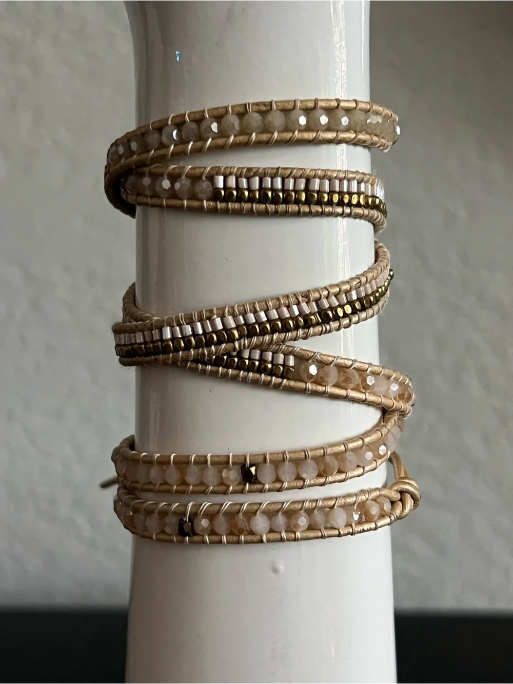 Nakamol Gold and Beige Beaded Wrap Bracelet with Evil Eye Charm